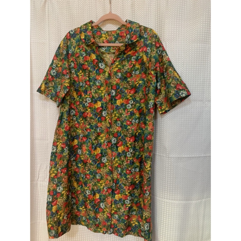 Green Floral Vintage Womens Nightgown Duster Buttons